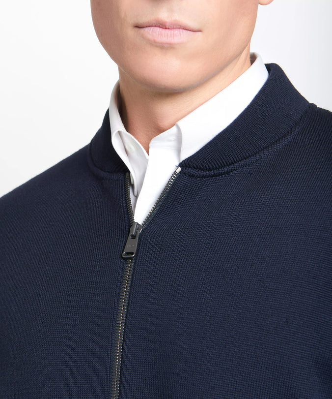 Navy Blue Knitted Merino Wool Zipped Bomber