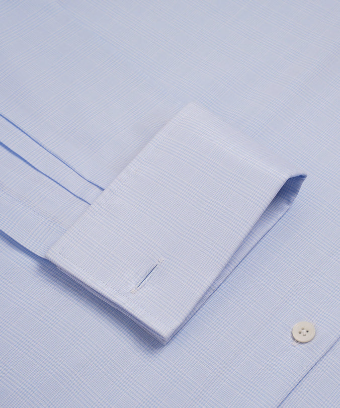 Pale Blue & White Tailored Fit Double Cuff Small POW Check Formal Shirt