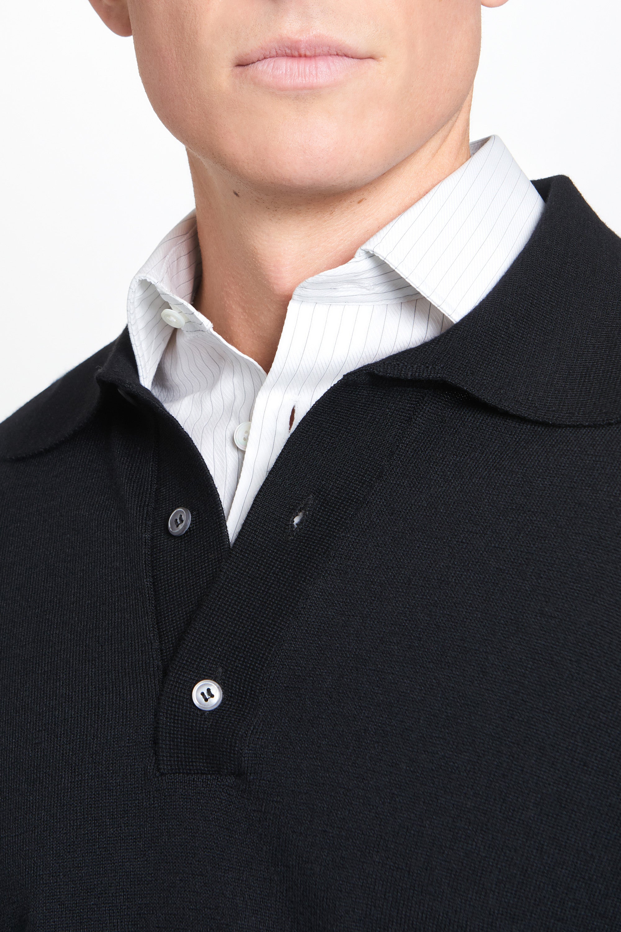 Black Merino Wool Long Sleeve Polo Shirt