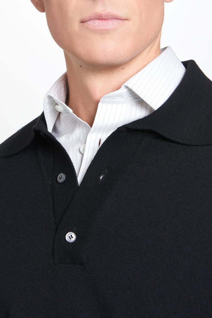 Black Merino Wool Long Sleeve Polo Shirt