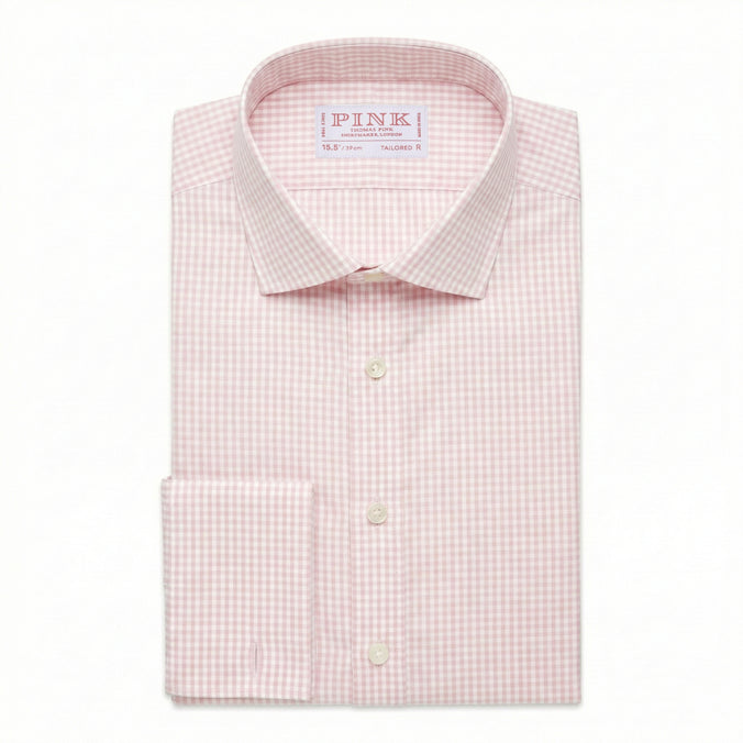Pale Pink & White Tailored Fit Double Cuff Essential Gingham Formal Shirt